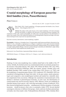 Cranial Morphology of European Passerine Bird Families (Aves, Passeriformes)