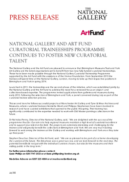 National Gallery and Art Fund Curatorial Traineeships Programme Continues to Foster New Curatorial Talent