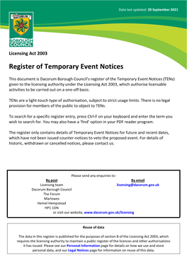 Register of Temporary Event Notices