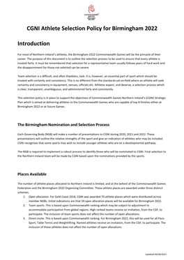 2022 Commonwealth Games Nomination Policy