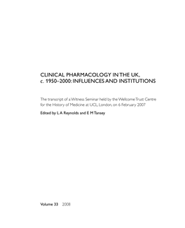 Clinical Pharmacology in the UK, C. 1950–2000: Influences and Institutions