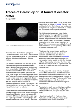 Traces of Ceres' Icy Crust Found at Occator Crater 13 August 2021