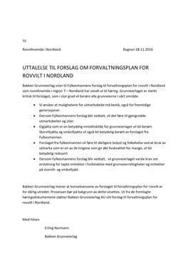 Uttalelse Til Forslag Om Forvaltningsplan for Rovvilt I Nordland