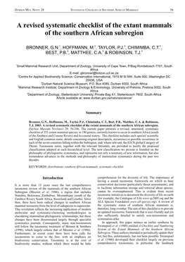 A Revised Systematic Checklist of the Extant Mammals in the SA