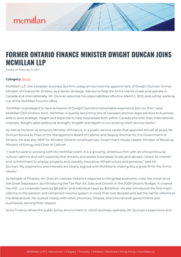 FORMER ONTARIO FINANCE MINISTER DWIGHT DUNCAN JOINS MCMILLAN LLP Posted on February 13, 2013