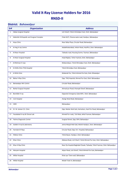 Valid X-Ray License Holders for 2016 RNSD-II District: Bahawalpur Sr# Organization Address 1 Abbas Surgical Hospital Uch Sharif, Tehsil Ahmedpur East, Distt