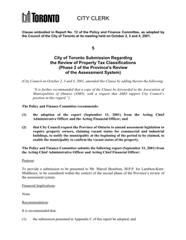 City of Toronto Submission Regarding the Review of Property Tax Classifications (Phase 2 of the Province's Review of the Assessment System)