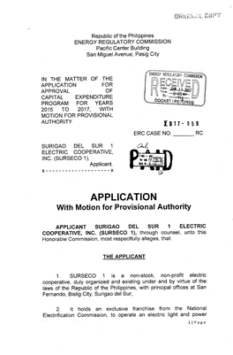 ECEIIVE APPROVAL � of \ Time: /J by CAPITAL �EXPENDITURE PROGRAM for YEARS 2015 to 2017, with MOTION for PROVISIONAL AUTHORITY Ou- 059 ERC CASE NO