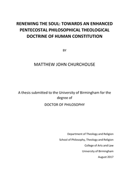 Renewing the Soul: Towards an Enhanced Pentecostal Philosophical Theological Doctrine of Human Constitution