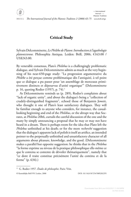 Downloaded from Brill.Com10/02/2021 11:09:59PM Via Free Access 66 Critical Study / Th E International Journal of the Platonic Tradition 2 (2008) 65-75