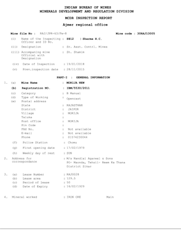 MINERALS DEVELOPMEMT and REGULATION DIVISION MCDR INSPECTION REPORT Ajmer Regional Office