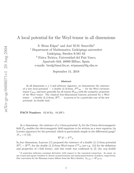 A Local Potential for the Weyl Tensor in All Dimensions