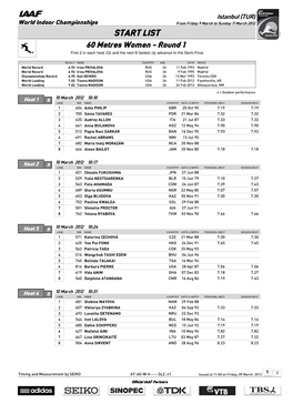 START LIST 60 Metres Women - Round 1 First 2 in Each Heat (Q) and the Next 8 Fastest (Q) Advance to the Semi-Final