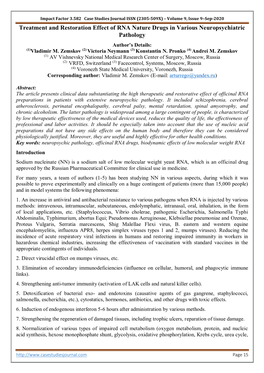 Treatment and Restoration Effect of RNA Nature Drugs in Various Neuropsychiatric Pathology Author’S Details: (1)Vladimir M