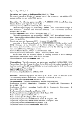 Corrections and Changes to the Diptera Checklist