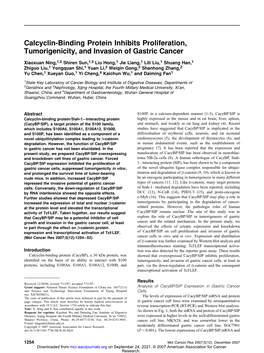 Calcyclin-Binding Protein Inhibits Proliferation, Tumorigenicity, and Invasion of Gastric Cancer