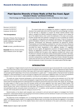 Plant Species Diversity of Some Wadis at Red Sea Coast, Egypt