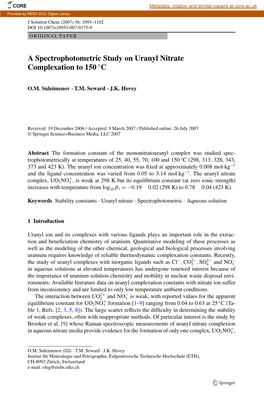 A Spectrophotometric Study on Uranyl Nitrate Complexation to 150 °C