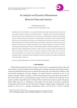 An Analysis on Proxemics Phenomenon Between China and America