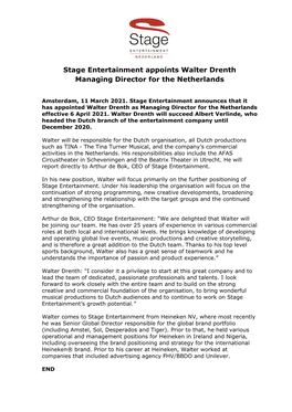 Stage Entertainment Appoints Walter Drenth Managing Director for the Netherlands