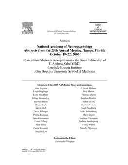 National Academy of Neuropsychology Abstracts from the 25Th Annual Meeting, Tampa, Florida October 19–22, 2005 Convention Abst