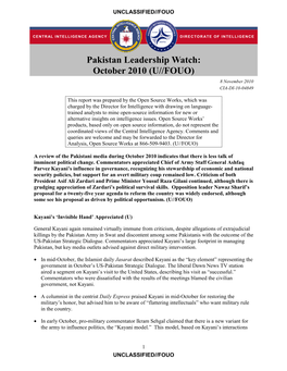 Pakistan Leadership Watch: October 2010 (U//FOUO) 8 November 2010 CIA-DI-10-04849