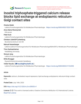 Inositol Triphosphate-Triggered Calcium Release Blocks Lipid Exchange at Endoplasmic Reticulum- Golgi Contact Sites