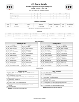 CFL Game Details Hamilton Tiger-Cats @ Calgary Stampeders Week #1 - Game #12 - Year 2018 June 16, 2018-19:00 - Mcmahon Stadium