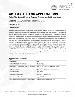 ARTIST CALL for APPLICATIONS Boise City Seeks Writer to Develop Content for Children’S Book