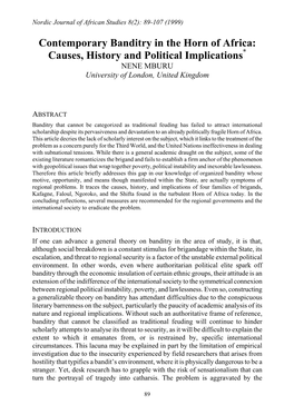 Contemporary Banditry in the Horn of Africa: Causes, History and Political Implications* NENE MBURU University of London, United Kingdom