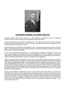 Lieutenant General a D Leakey Cmg Cbe