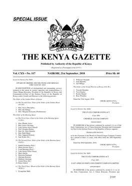 THE KENYA GAZETTE Published by Authority of the Republic of Kenya (Registered As a Newspaper at the G.P.O.)