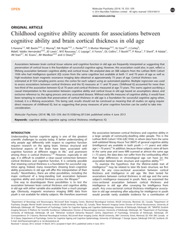 Childhood Cognitive Ability Accounts for Associations Between Cognitive Ability and Brain Cortical Thickness in Old Age