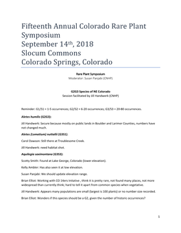 Fifteenth Annual Colorado Rare Plant Symposium September 14Th, 2018 Slocum Commons Colorado Springs, Colorado