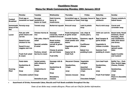 Hazeldene House Menu for Week Commencing Monday 28Th January 2019