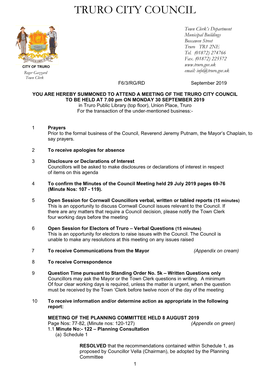 Report to Council 30Th September 2019 Revision of the Truro & Kenwyn Neighbourhood Development Plan