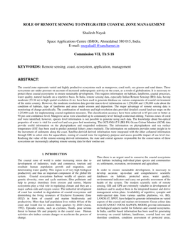 ROLE of REMOTE SENSING to INTEGRATED COASTAL ZONE MANAGEMENT Shailesh Nayak Space Applications Centre