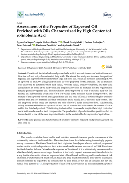 Assessment of the Properties of Rapeseed Oil Enriched with Oils Characterized by High Content of Α-Linolenic Acid