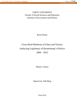 Cross-Strait Relations of China and Taiwan: Analyzing Legitimacy of Kuomintang’S Policies 2008 – 2013