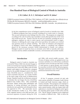 One Hundred Years of Biological Control of Weeds in Australia