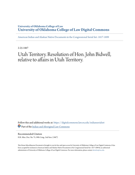 Utah Territory. Resolution of Hon. John Bidwell, Relative to Affairs in Utah Territory