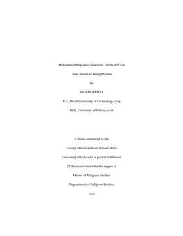 Moḥammad Mojtahed Šabestari: the Search for New Modes of Being Muslim Has Been Approved for the Department of Religious Studies