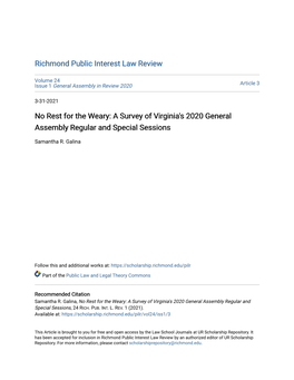 No Rest for the Weary: a Survey of Virginia's 2020 General Assembly Regular and Special Sessions