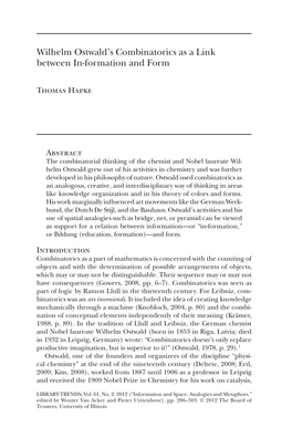 Wilhelm Ostwald's Combinatorics As a Link Between In-Formation and Form