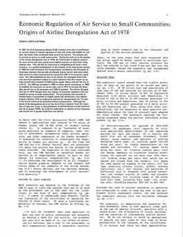 Origins of Airline Deregulation Act of 1978