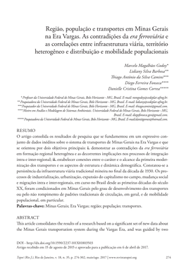 Região, População E Transportes Em Minas Gerais Na Era Vargas. As