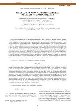 Estado Actual De Los Mamíferos Terrestres En La Isla De Margarita, Venezuela