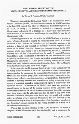 FIRST ANNUAL REPORT of the MASSACHUSETTS AVIAN RECORDS COMMITTEE (MARC) by Wayne R. Petersen, MARC Chairman This Report Represen