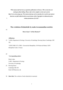 The Evolution of Infanticide by Males in Mammalian Societies 10 Dieter Lukas1,* & Elise Huchard1,2