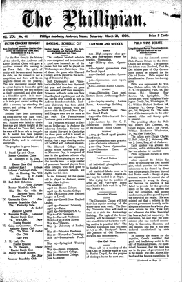 VOL, -. * VOL. XXX. No. 41. Phillips Academy, Andover, Mass., Saturday, March 21, 1908. Price 5 Cents